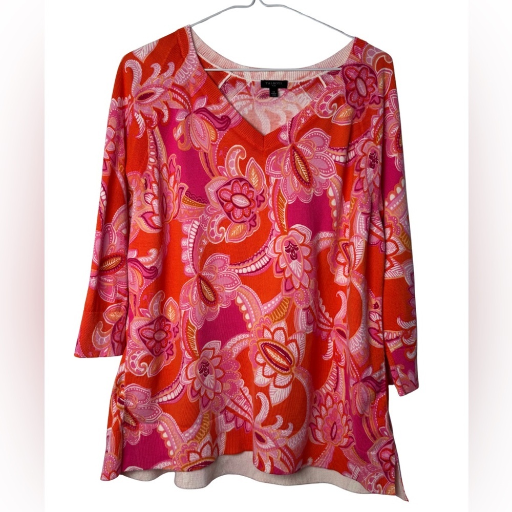 Talbots V-Neck Pullover - Spring Formal Orange & Pink Plus 1X